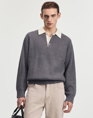 Cashmere-Blend Oversized Rugby Polo Knit (Grey)