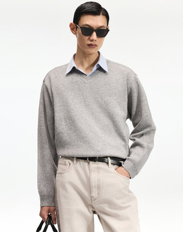 Cashmere Blended V-Neck Knit Top (Grey)