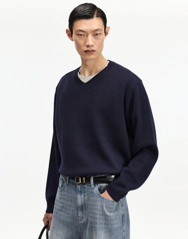 Cashmere Blend V-Neck Knit (Navy)