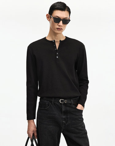 Ribbed Slim-Fit Henley Top (Black)