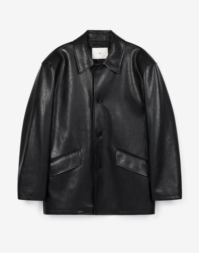 티엔지티 Oversized Faux Leather Car Coat (Black) 블랙 착용컷