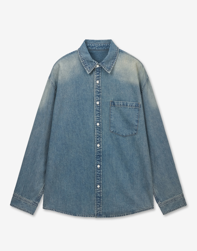 티엔지티 Oversized Denim Shirt (Vintage Blue) 블루 착용컷