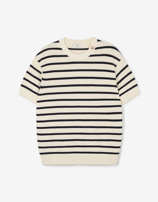 티엔지티 Striped Button Knit (Ivory) 베이지 착용컷