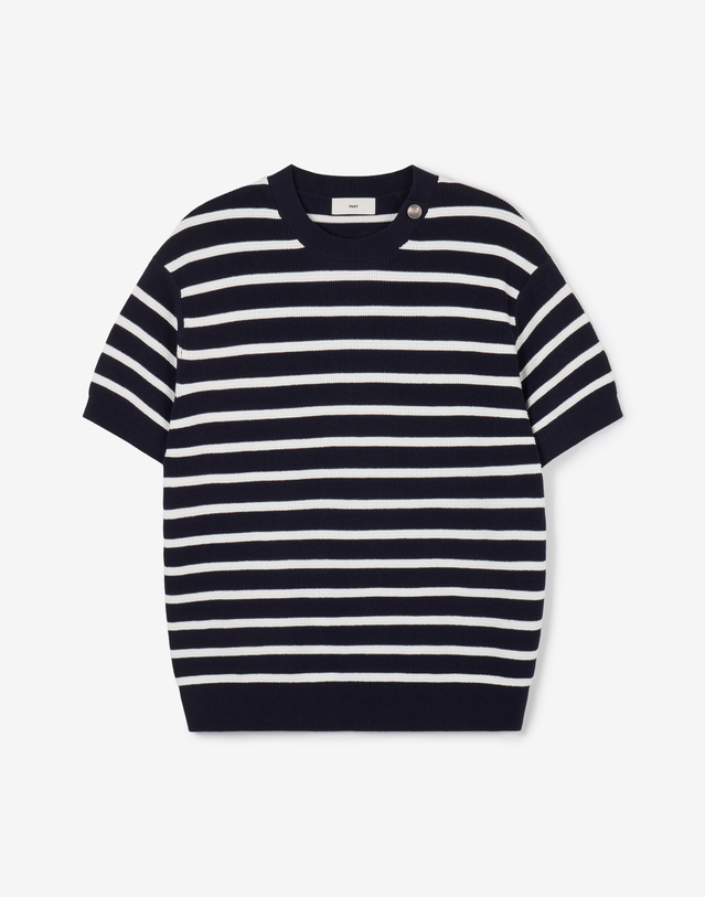 티엔지티 Striped Button Knit (Navy) 네이비 착용컷