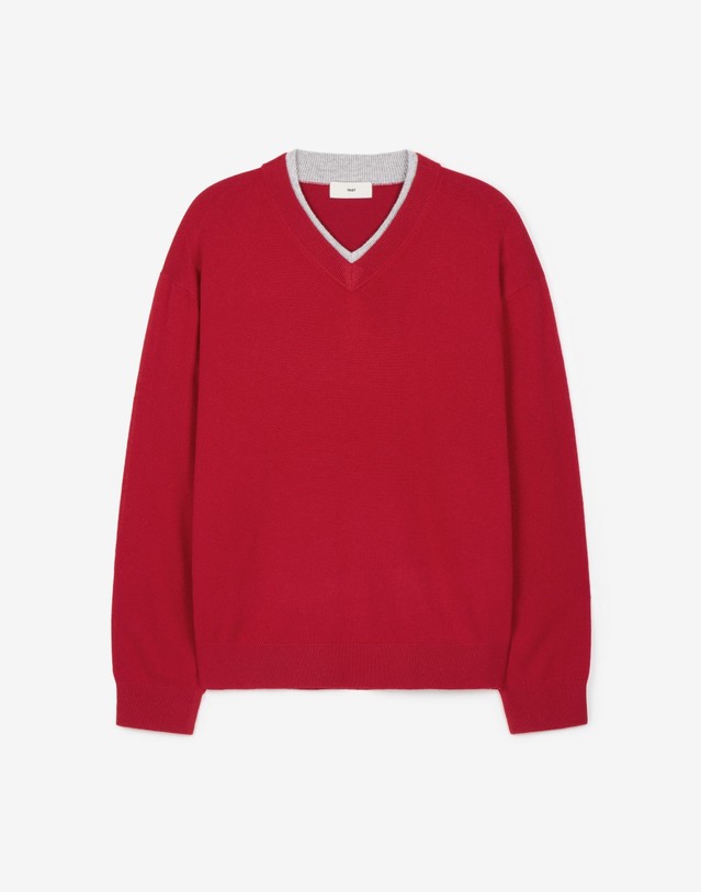 티엔지티 Layered V-Neck Knit (Red) 레드 착용컷