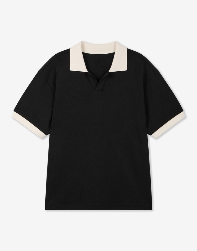 티엔지티 Contrast Slit Neck Tee (Black) 블랙 착용컷