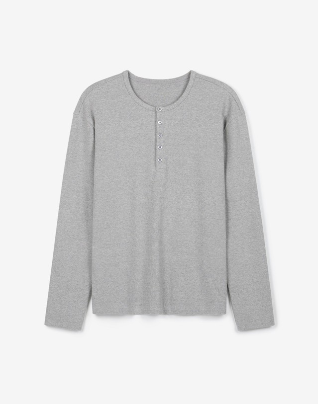 티엔지티 Ribbed Slim-Fit Henley Top (Melange Grey) 그레이 착용컷