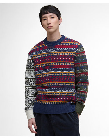 남성 네이비 Patchwork Fair Isle 크루넥 스웨터