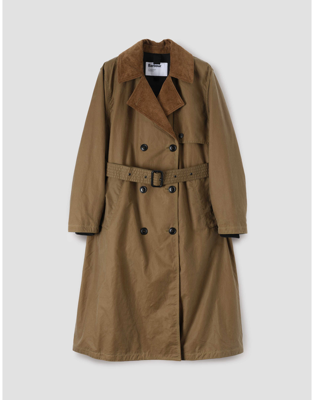 바버 [Barbour x Margaret Howell] 여성 베이지 DB 왁스 트렌치 코트 진한 베이지 착용컷