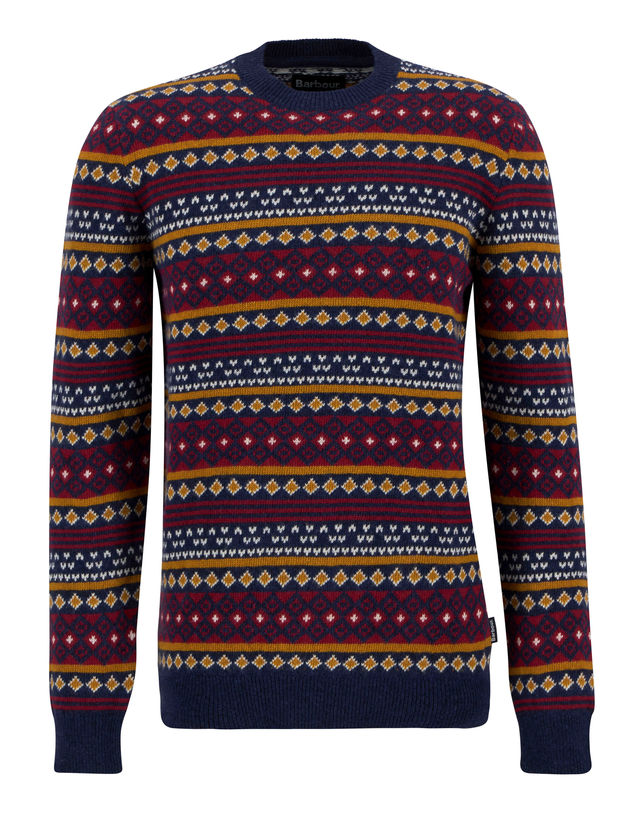 바버 남성 네이비 Easdale Fair Isle 크루넥 스웨터 착용컷
