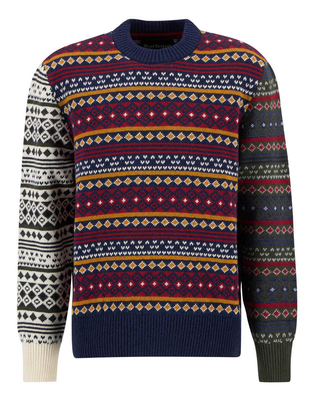 바버 남성 네이비 Patchwork Fair Isle 크루넥 스웨터 착용컷