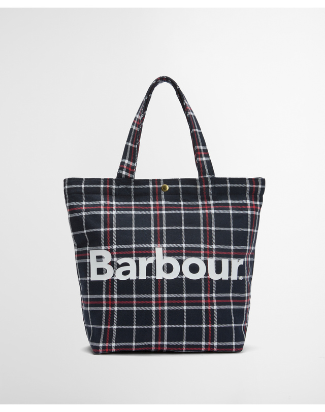 바버 남여공용 네이비 Mini Telfield Tartan 토트백 착용컷