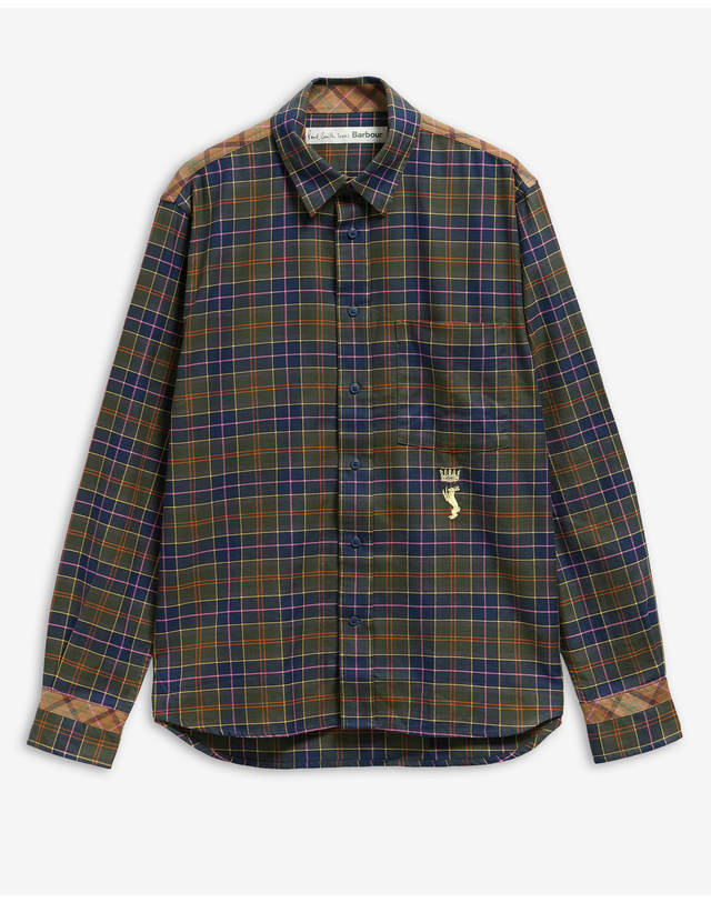 바버 [Barbour x Paul Smith] 남성 올리브 타탄 셔츠 진한 연두 착용컷
