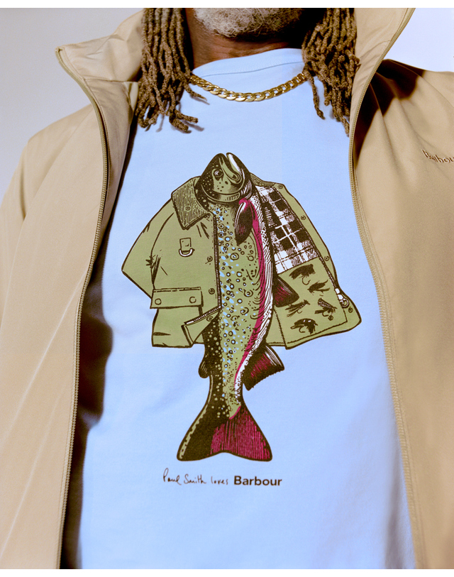 바버 [Barbour x Paul Smith] 남성 블루 Fishing Jacket 티셔츠 착용컷