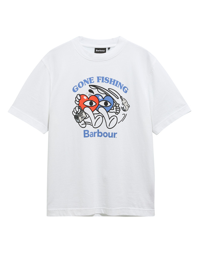 바버 [Barbour x Mul Draws] 남성 화이트 Gone Fishing 티셔츠 흰색 착용컷