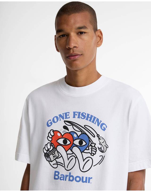 바버 [Barbour x Mul Draws] 남성 화이트 Gone Fishing 티셔츠 흰색 상세