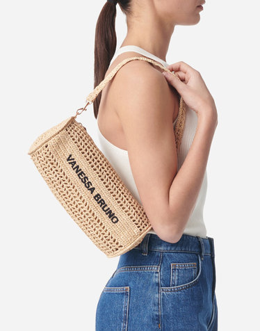 베이지 로고자수 라피아 SAC BOWLING백