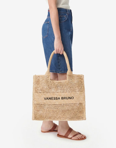 [시즌오프] 베이지 로고자수 라피아  PANIER GM 토트백