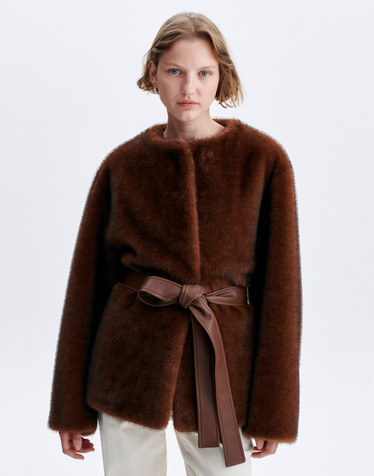 [LF EDITION] FUR 브라운 벨티드 스트랩 신세틱 퍼 무스탕 점퍼