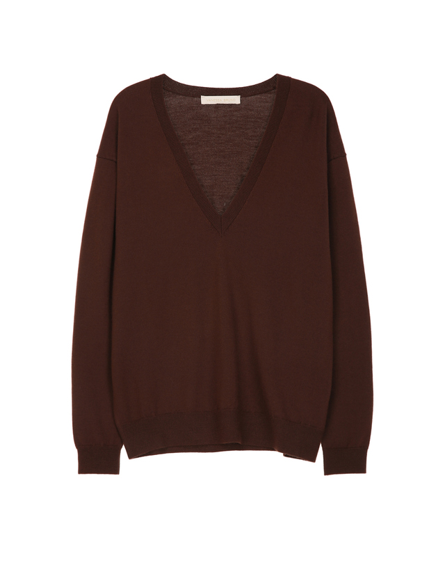 바네사브루노 브라운 WOOL100% 브이넥 니트 착용컷