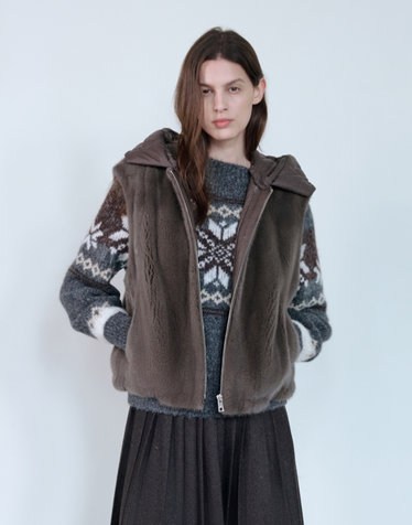 [PREMIUM FUR] (탈부착 후드) 차콜그레이 천연밍크퍼 베스트조끼 무스탕 패딩후드