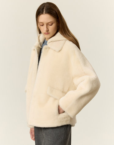 PREMIUM FUR 니트 후드 탈부착 라이트베이지 천연양모피 양가죽 무스탕 퍼자켓 점퍼