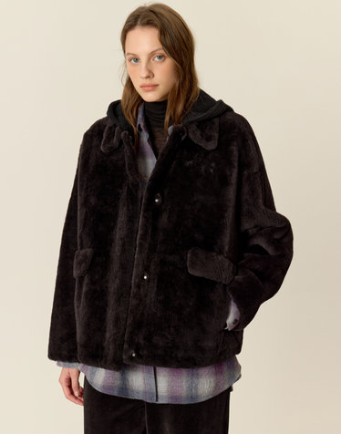 PREMIUM FUR 니트 후드 탈부착 다크브라운 천연양모피 양가죽 무스탕 퍼자켓 점퍼