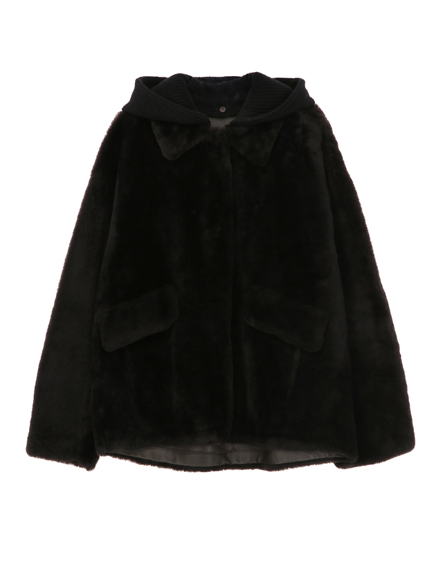 아떼 바네사브루노 여성 PREMIUM FUR 니트 후드 탈부착 다크브라운 천연양모피 양가죽 무스탕 퍼자켓 점퍼 진한 브라운 착용컷