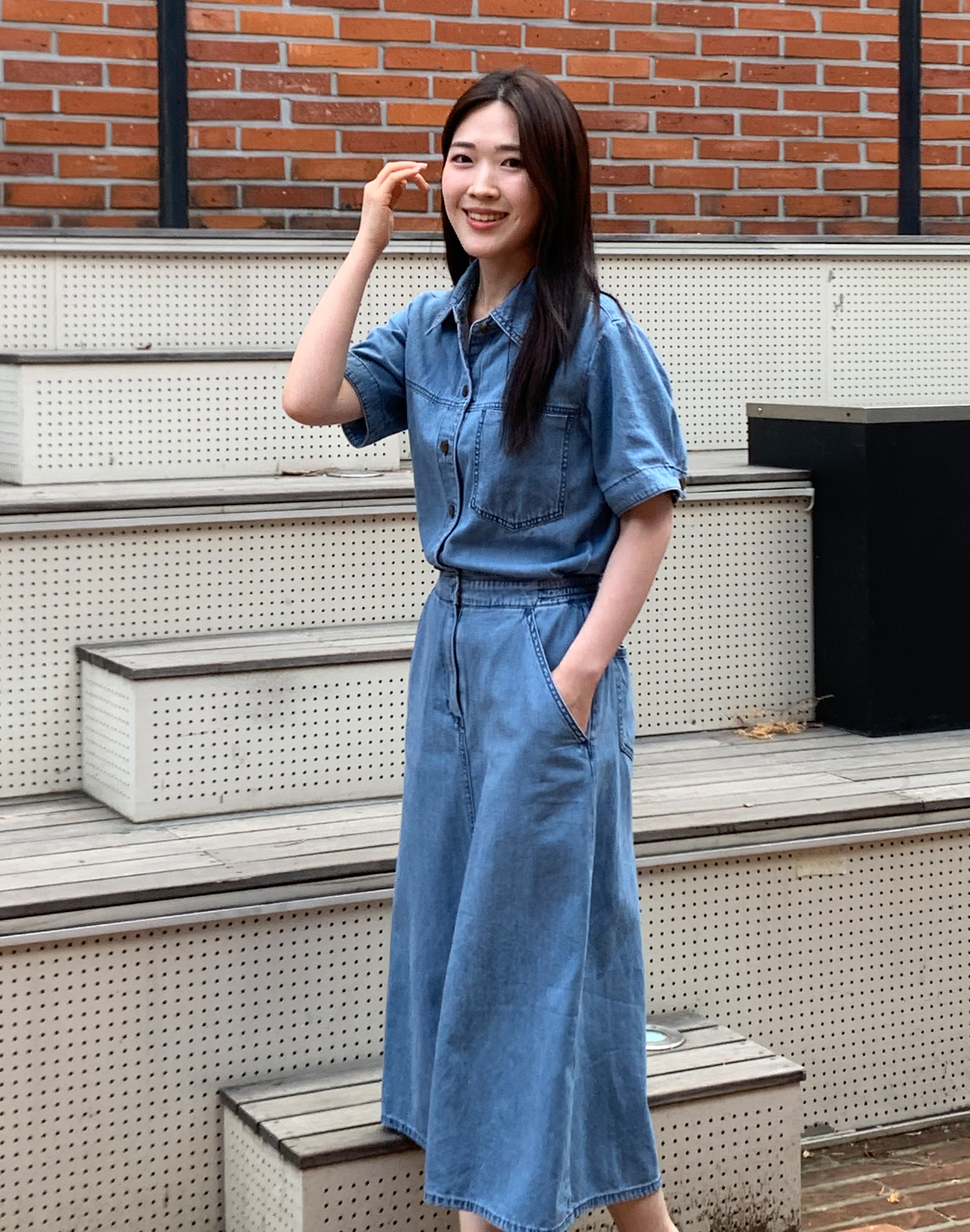 [인기상품 리오더] 라이트블루 포켓 슬릿 데님 원피스