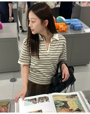 카키 스트라이프 카라 PK 티셔츠