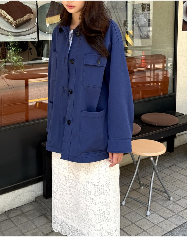 아떼 바네사브루노 여성 블루 포켓 야상 코듀로이 카라 워크자켓 착용컷