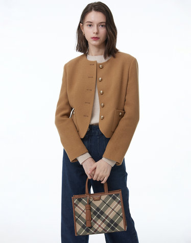 브라운 체크패턴 가죽 토트백