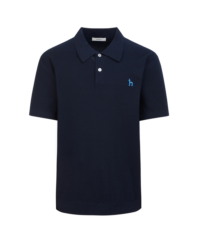 헤지스 남성 [스테디셀러] 네이비 단색 면 반팔카라니트 착용컷