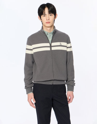 [스테디셀러] 차콜그레이 로고자수 울혼방 집업니트