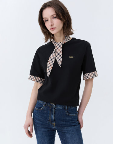 [스테디셀러] 블랙 체크 냉감 스카프 로고 반팔티셔츠