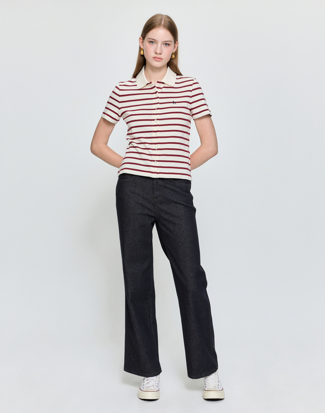 헤지스 여성 [스테디셀러]아이보리 스트라이프 코튼 저지 풀오픈 반소매 카라 티셔츠 착용컷