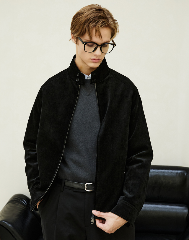 알레그리 남성 [스테디셀러] 블랙《Twill Velvet》헤링턴 넥 블루종 착용컷
